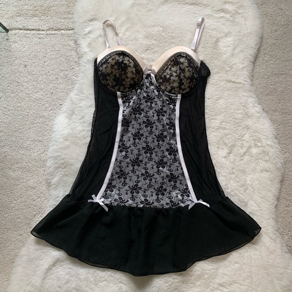 Native Intimates Sexy Lacy French Maid Black & White Lingerie Mini Dress Sz 36C